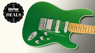 A green Fender Aerodyne Stratocaster on a grey background