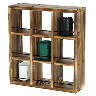 Mygift Coffee Mug Display Rack, Wall Mounted Rustic Burnt Wood Collectible Travel Mug Cup Holder Shadow Box Shelf