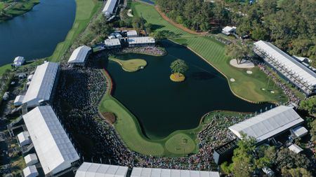 A bird's eye view of the 17th hole at TPC Sawgrass Stadium Course