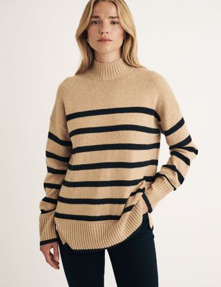 Beige Striped Funnel Neck Longline Knitted Jumper