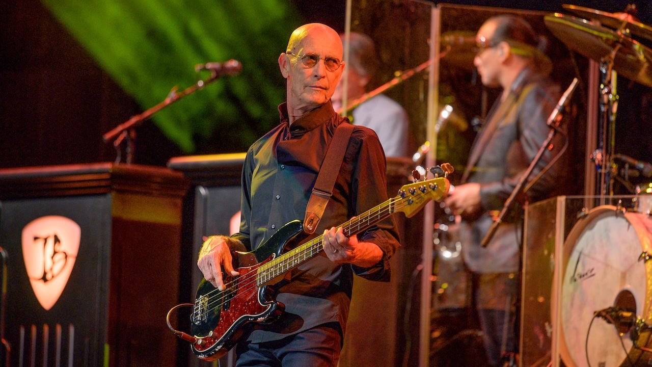 Bassist Michael Rhodes as Joe Bonamassa is on stage at Beacon Theatre on November 14, 2019 in New York City