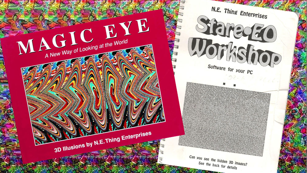 A Magic Eye book and Stare-EO Workshop software instruction manual on a Magic Eye image background.
