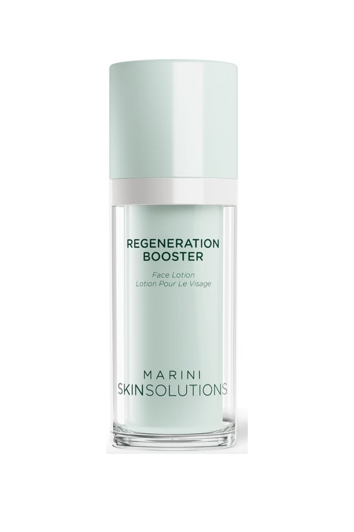 a light blue bottle with dark green writing