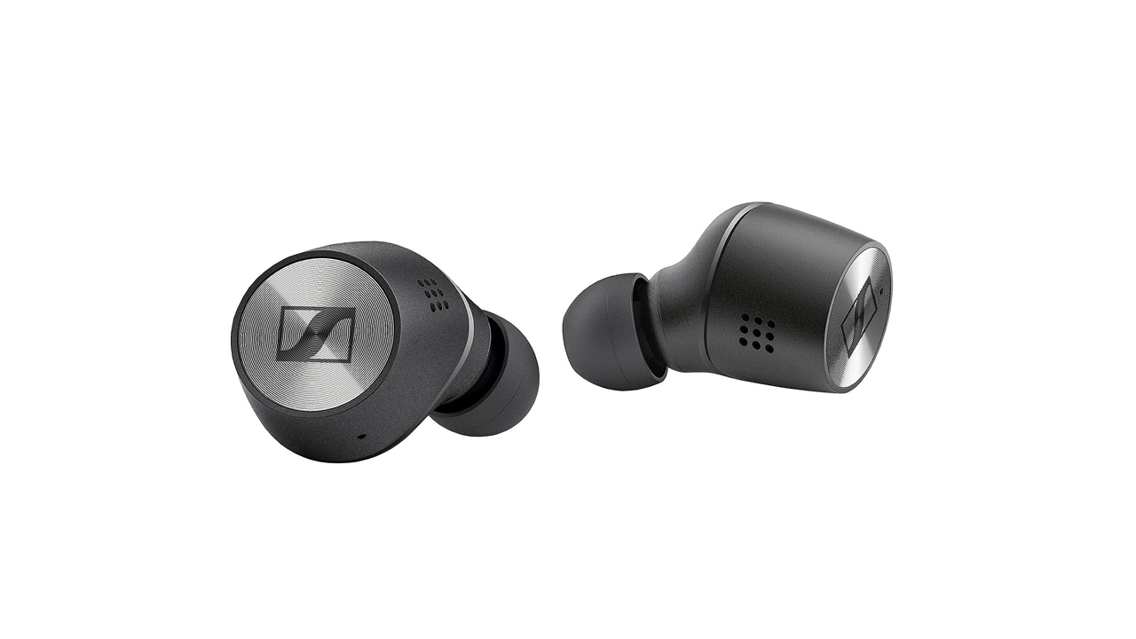 The sennheiser momentum true wireless 2 in black with silver housings showing the Sennheiser logo