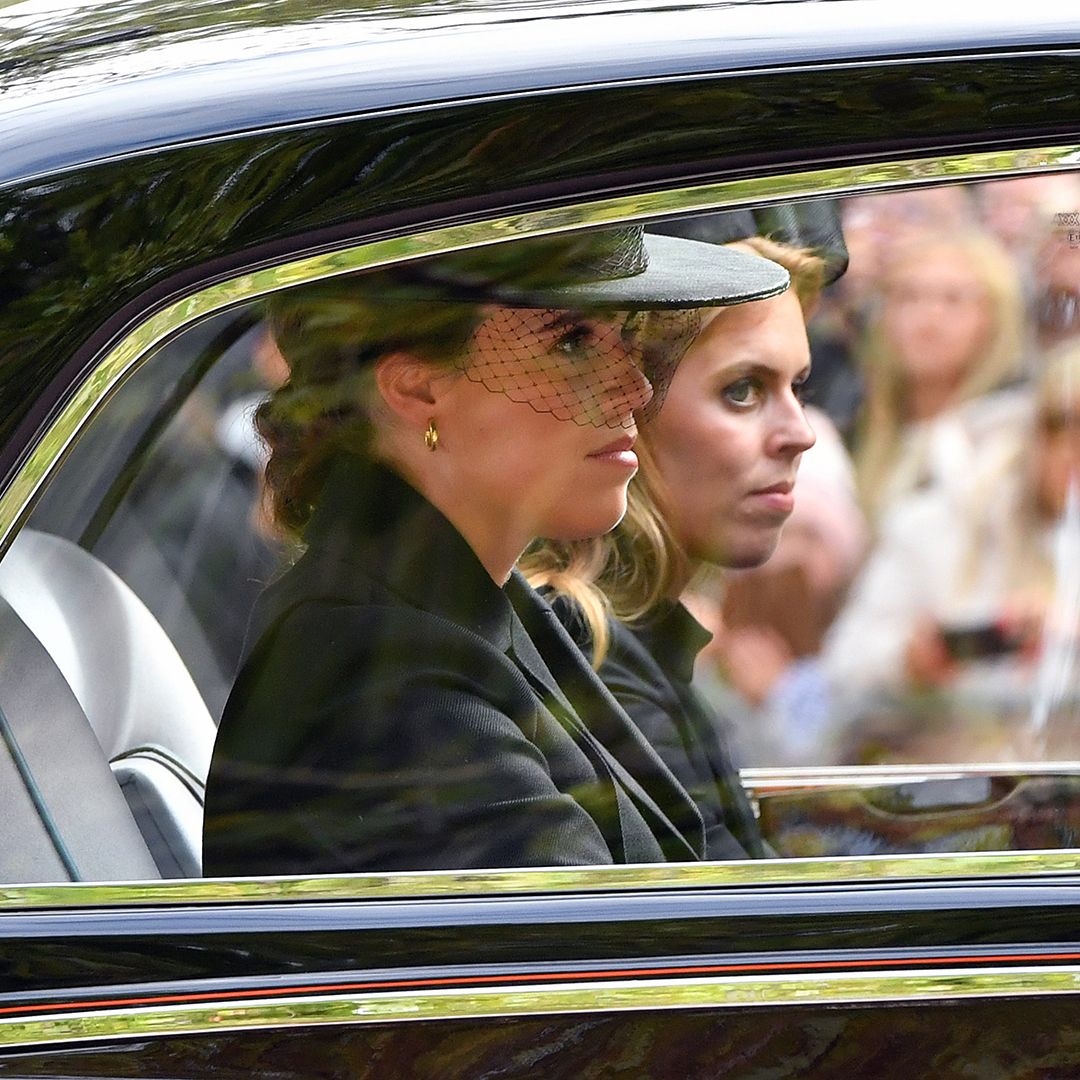 LONDON, ENGLAND - SEPTEMBER 19: Princess Beatrice, recently appointed as Counsellor of State (L) and Princess Eugenie of York leave Westminster Abbey during the State Funeral of Queen Elizabeth II on September 19, 2022 in London, England. Elizabeth Alexandra Mary Windsor was born in Bruton Street, Mayfair, London on 21 April 1926. She married Prince Philip in 1947 and ascended the throne of the United Kingdom and Commonwealth on 6 February 1952 after the death of her Father, King George VI. Queen Elizabeth II died at Balmoral Castle in Scotland on September 8, 2022, and is succeeded by her eldest son, King Charles III. (Photo by Anthony Devlin/Getty Images)