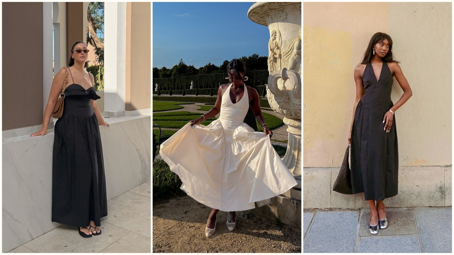 Woman wears brown dress; woman wears white dress; woman wears brown halterneck dress