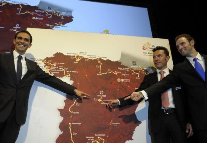 The Vuelta 2012's winner, Spanish cyclist Alberto Contador, Spanish cyclists Joaquin "Purito" Rodriguez and Alejandro Valverde