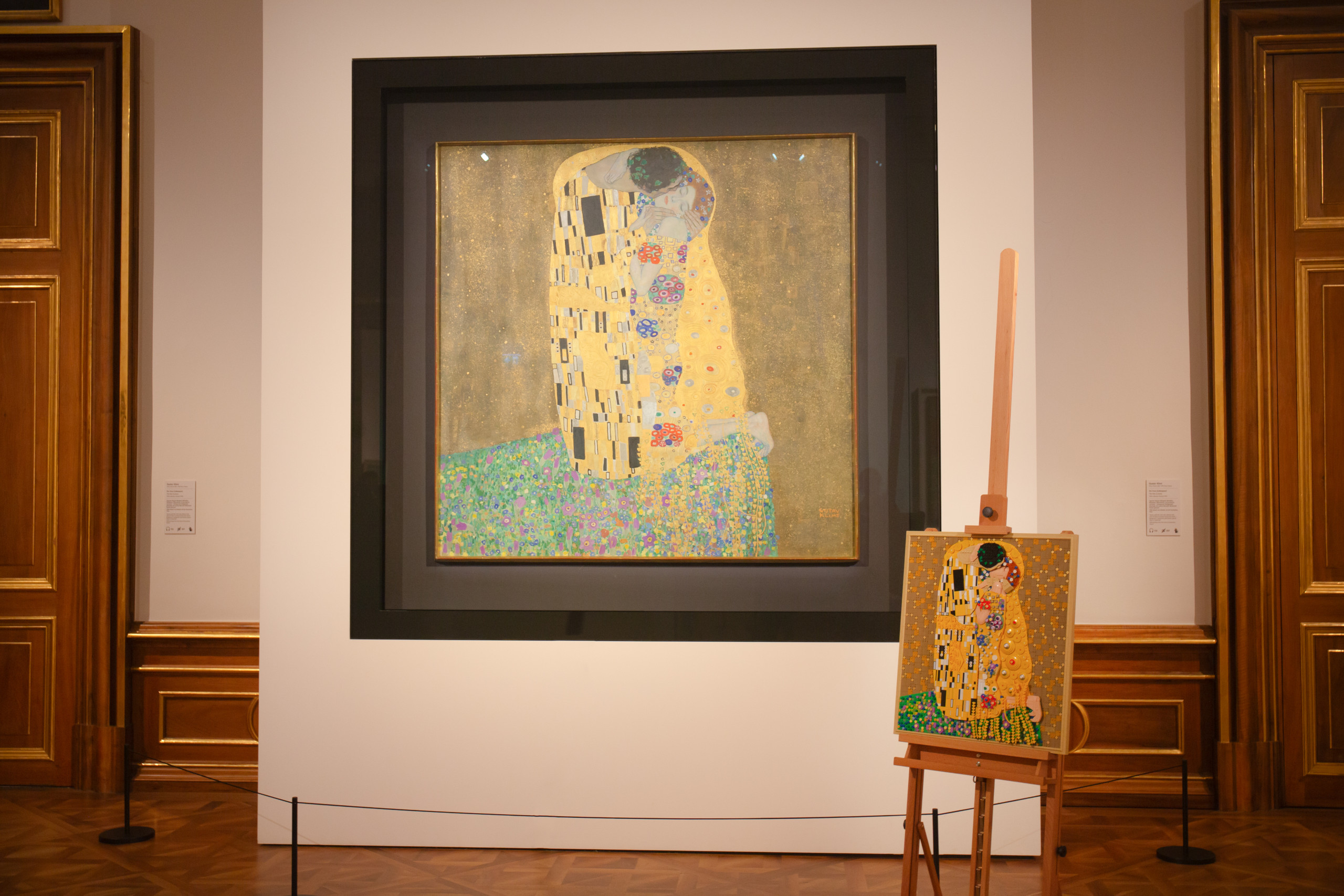 Gustav Klimt's 'The Kiss' alongside its Lego Art doppelganger