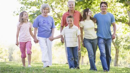 An extended family holds hands as they walk in a park.