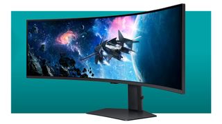 Samsung gaming monitor on a blue background.
