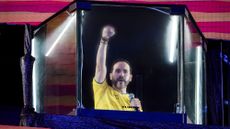 Abelardo de la Espriella, right-wing Colombian presidential winner, pumps his fist during an election night rally in Barranquilla