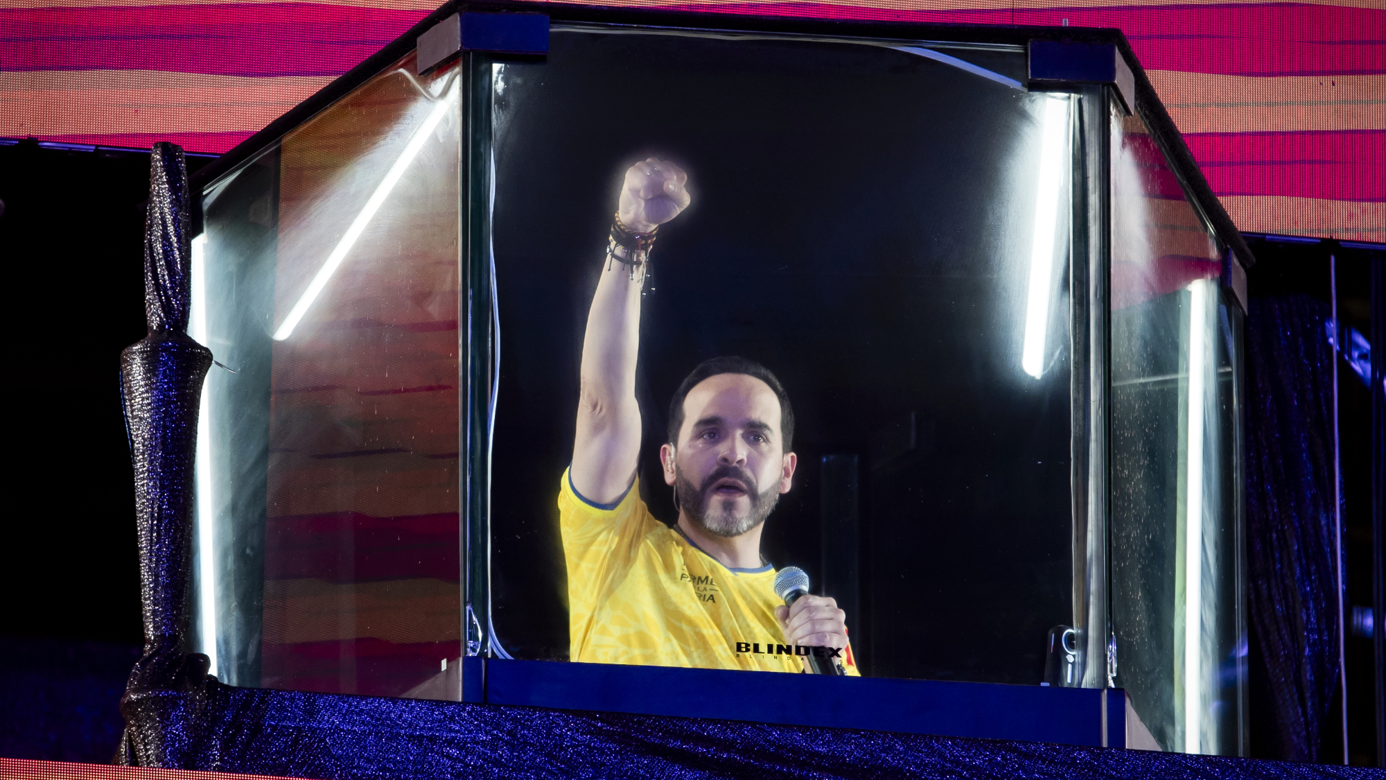 Abelardo de la Espriella, right-wing Colombian presidential winner, pumps his fist during an election night rally in Barranquilla