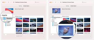 "To pick a built-in desktop image, select Desktop Pictures under the Apple menu. Click a desktop image.