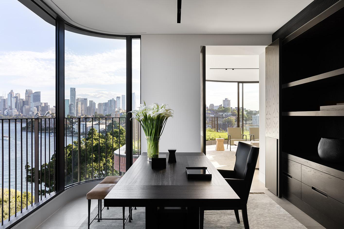 interiors and vistas at Sydney penthouse, a minimalist space in grey and white colours