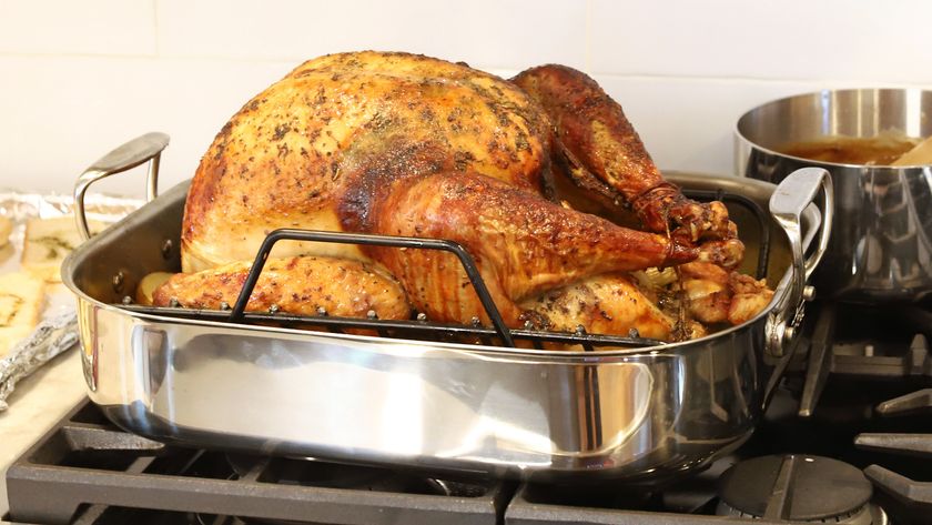 Cooked turkey in roasting pan