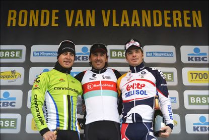 Peter Sagan and Jurgen Roelandts flank 2013 Tour of Flanders winner Fabian Cancellara
