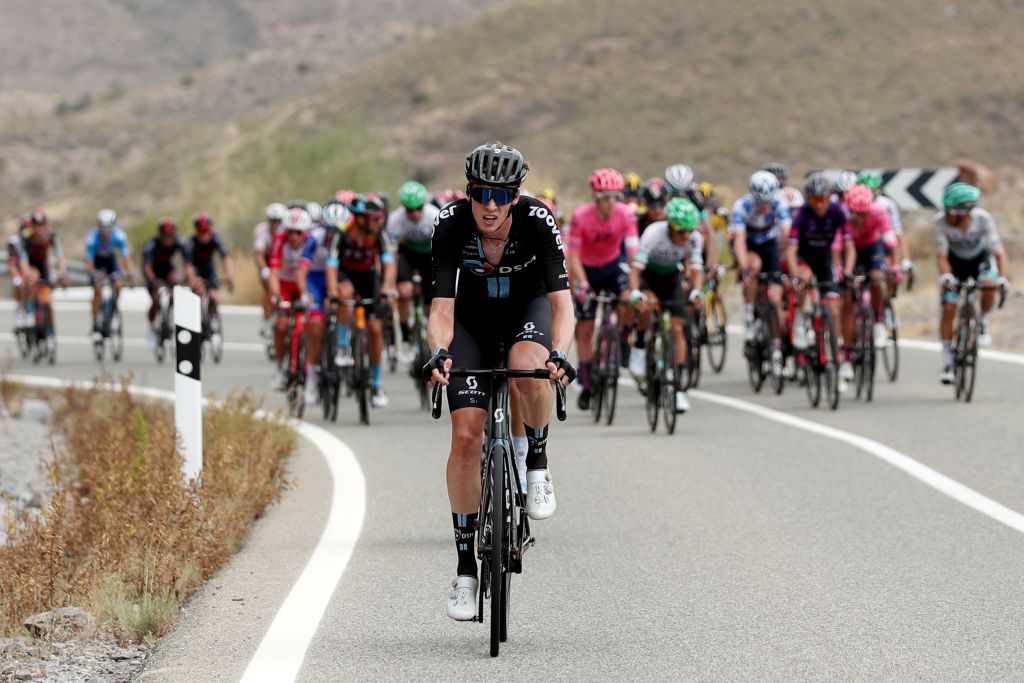 VELEFIQUE SPAIN AUGUST 22 Thymen Arensman of Netherlands and Team DSM attacks during the 76th Tour of Spain 2021 Stage 9 a 188 km stage from Puerto Lumbreras to Alto de Velefique 1800m lavuelta LaVuelta21 on August 22 2021 in Velefique Spain Photo by Gonzalo Arroyo MorenoGetty Images