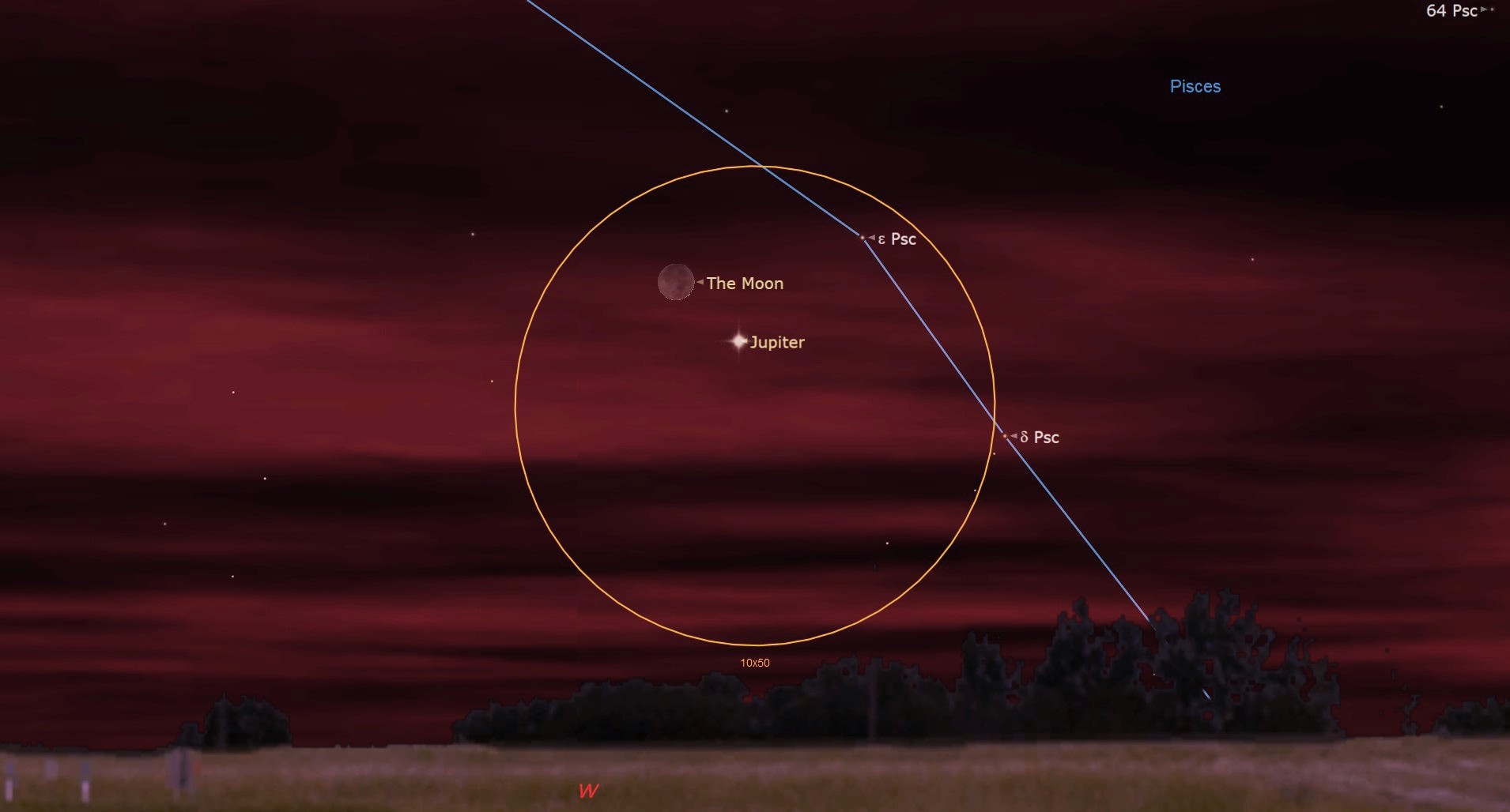 Una ilustración del cielo nocturno del 22 de marzo que muestra a Júpiter junto a un trozo de luna.