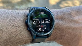 A hiking activity showing elevation, distance, time, and direction on the Garmin Fenix 8