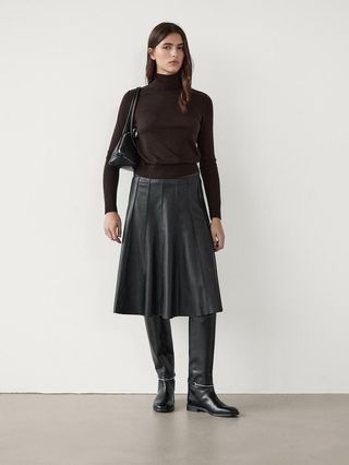 Nappa Leather Box Pleat Midi Skirt