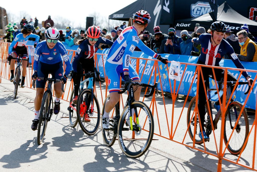FAYETTEVILLE GEORGIA JANUARY 28 LR Silvia Persico of Italy Madigan Munro of The United States Michael Boros of Czech Republic and Gage Hecht of The United States compete during the 73rd UCI CycloCross World Championships Fayetteville 2022 Team Relay Fayetteville2022 on January 28 2022 in Fayetteville Georgia Photo by Chris GraythenGetty Images