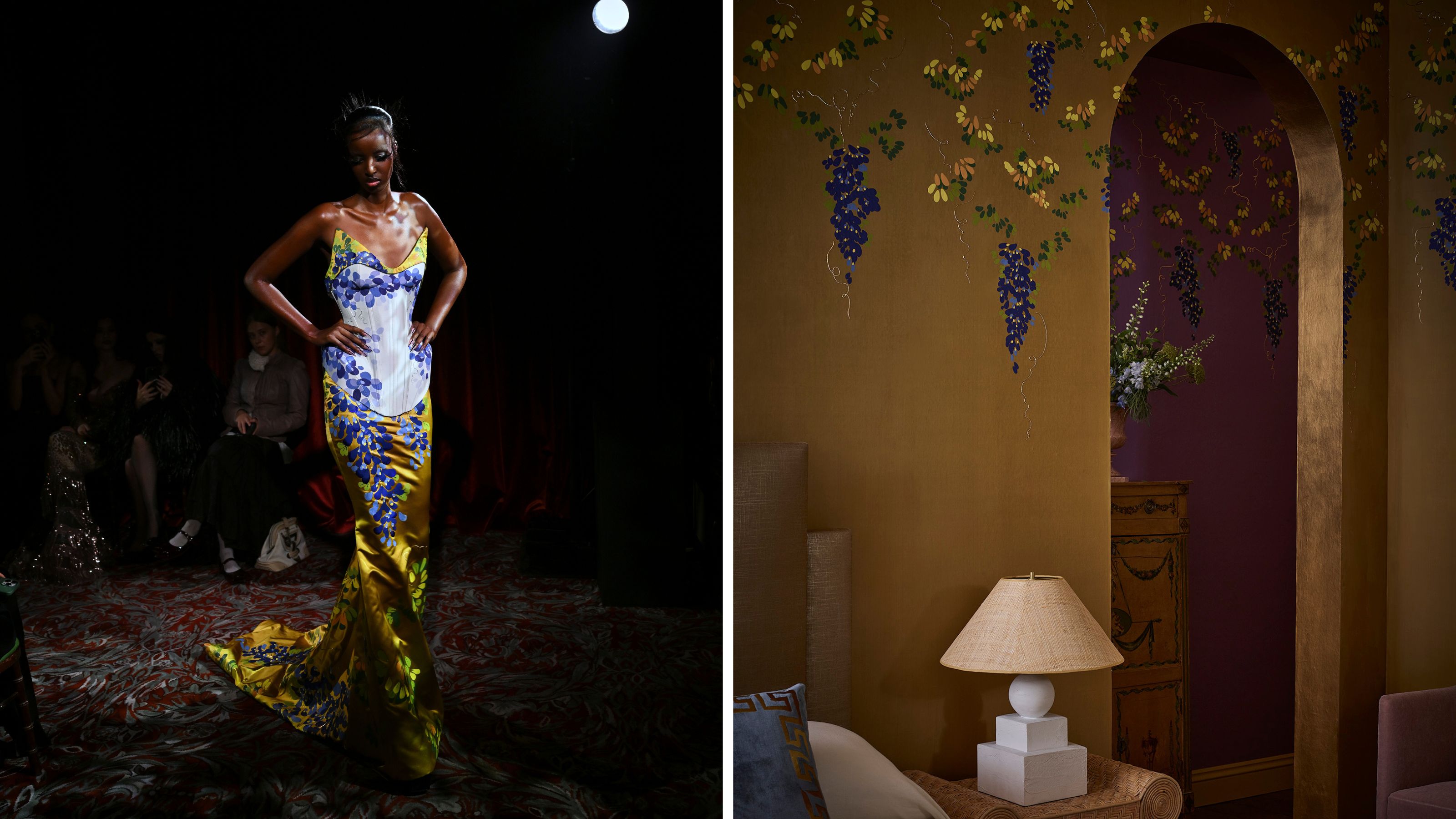 Side-by-side of an interior accented with crawling grape vine wallpaper and a runway gown echoing the same motifs