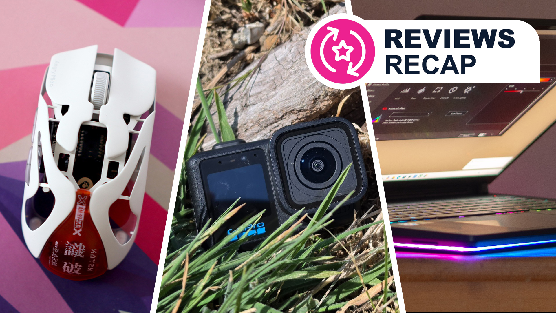Three different gadgets displayed in a split screen format, with Reviews Recap logo overlaid