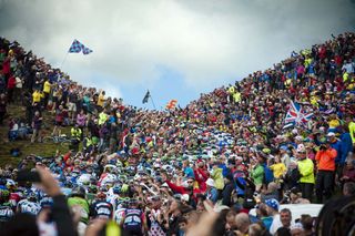 The crowds on the Buttertubs climb in Yorkshire during the 2014 Tour de FRance