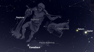An artistic rendering of the constellation of Aquarius, the water bearer, and its neighboring constellations of Capricornus and Piscis Austrinus.