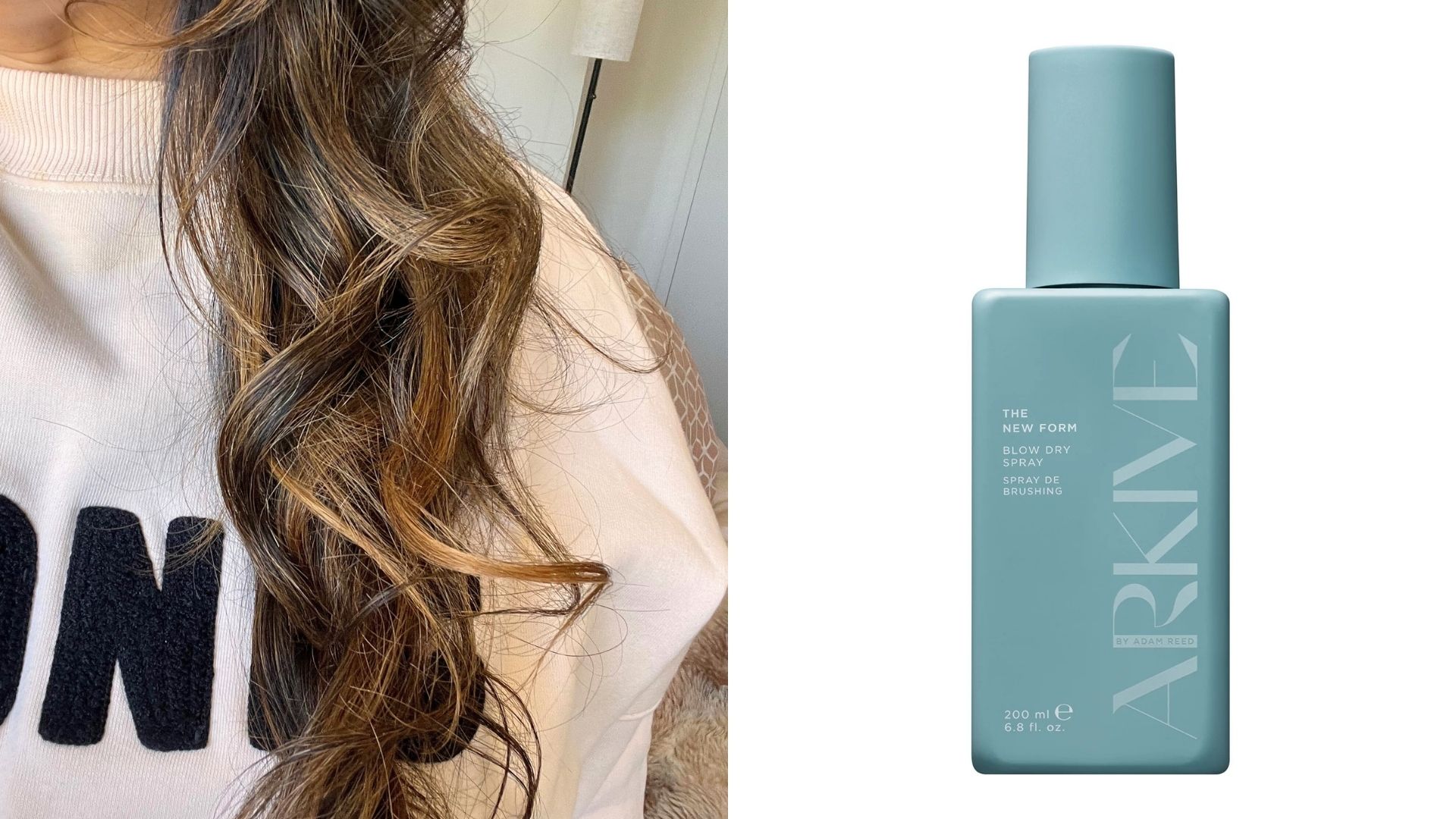 Aleesha's hair after using the Arkive The New Form blow dry spray, next to a shot of the product