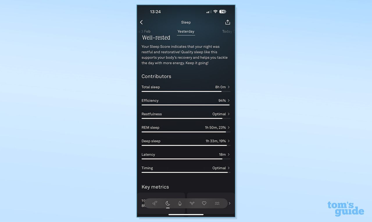 Sleep score dissected on Oura app sleep summary in app against blue background