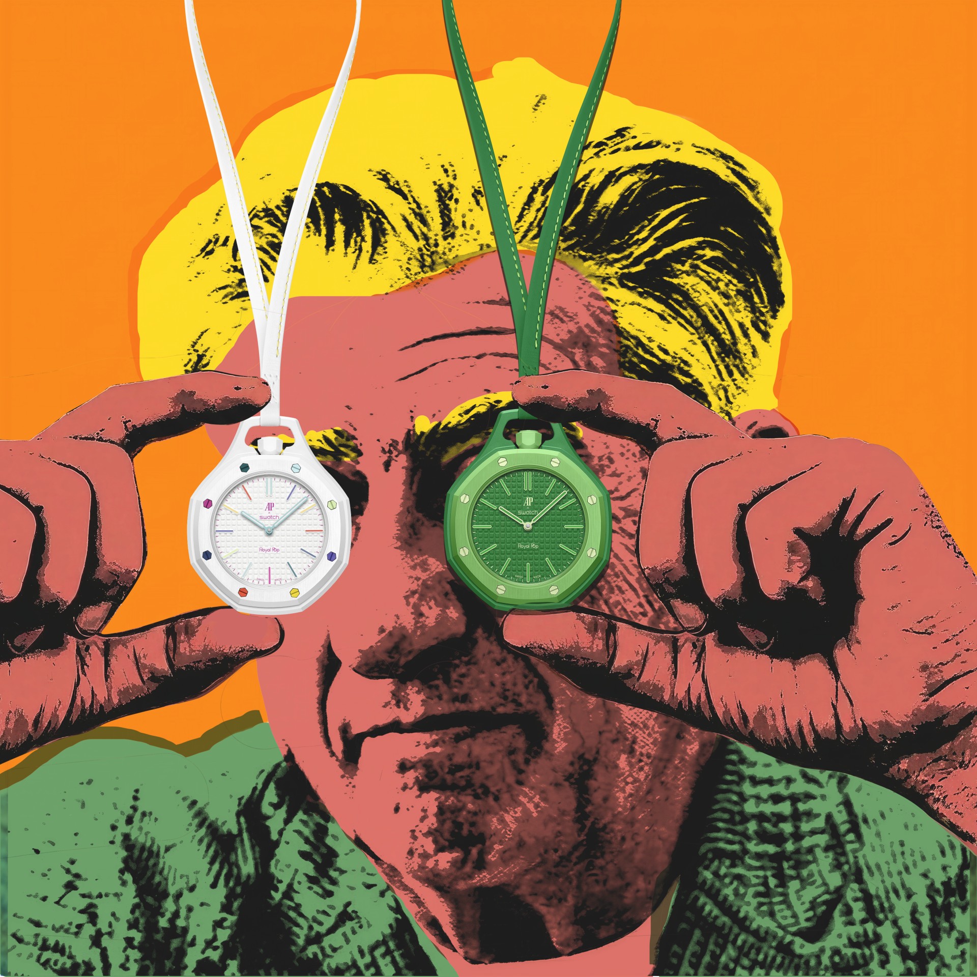 An Andy Warhol-style pop art portrait of a man holding a white octagonal watch over his right eye and a green one over his left eye like monocles.