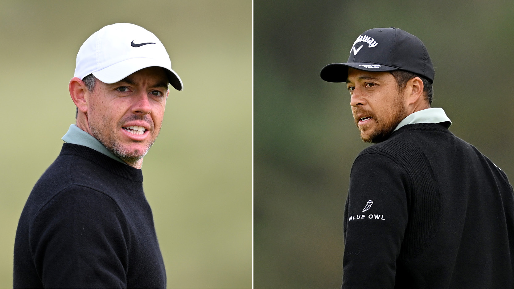 (left) Rory McIlroy looks on during a practice round ahead of the 153rd Open Championship while (right) Xander Schauffele looks over his left shoulder