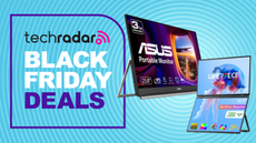 TechRadar Black Friday deals text next to two portable monitors