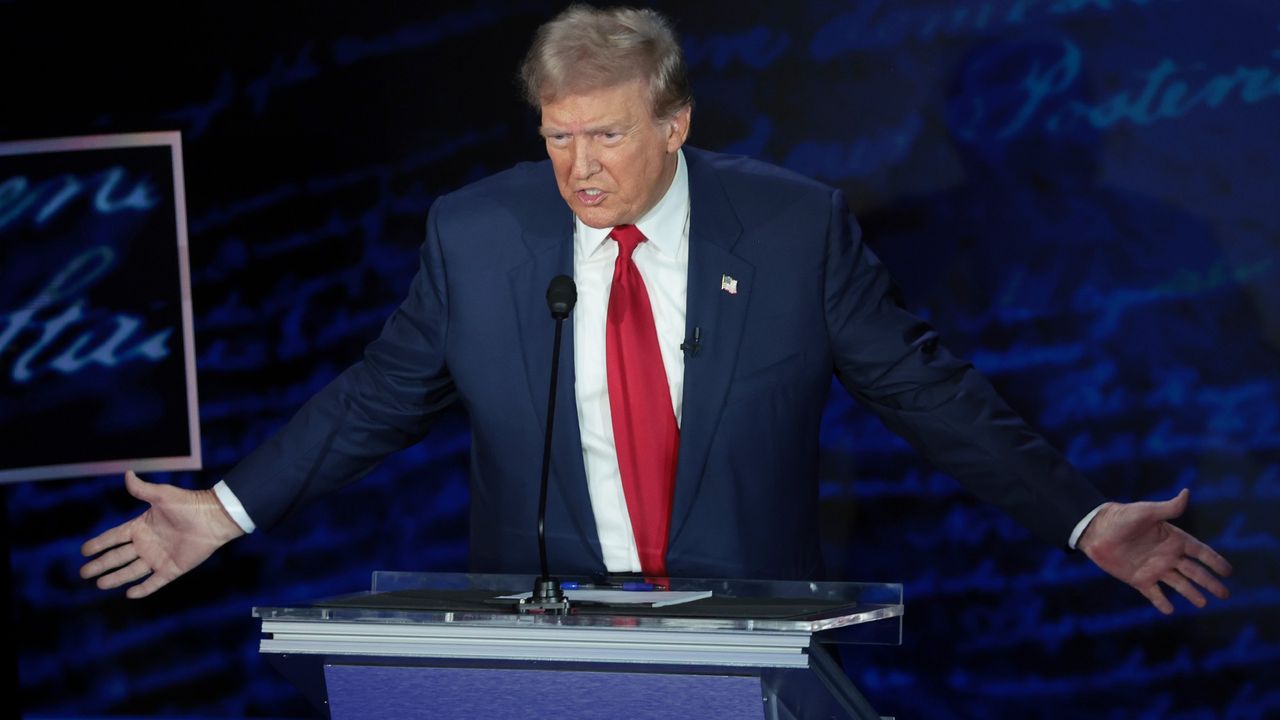 Republican presidential nominee, former U.S. President Donald Trump, debates Democratic presidential nominee, U.S. Vice President Kamala Harris, for the first time during the presidential election campaign at The National Constitution Center on September 10, 2024 in Philadelphia, Pennsylvania