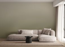 A minimalist living room with a green ombre wall, a cream L-shaped sofa, and a jute rug