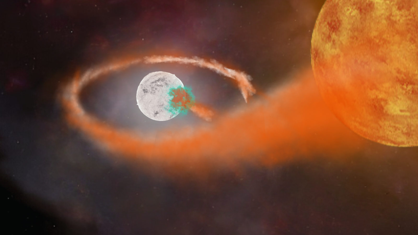 A white orb illustration surrounded by a trail of orange gas leading to a glowing star toward the top right of the scene.