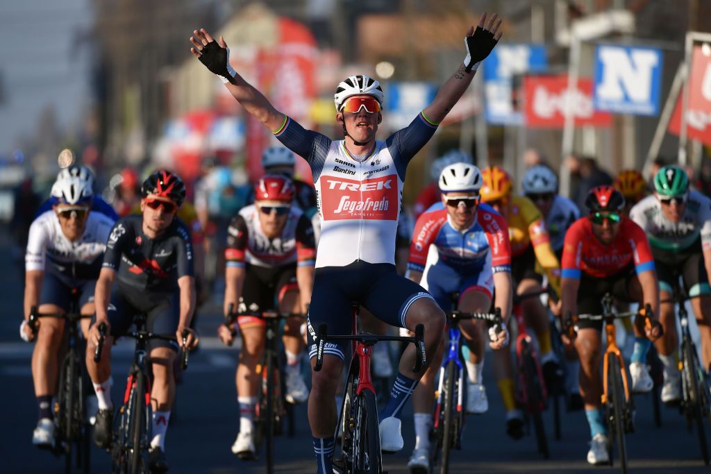 KUURNE BELGIUM FEBRUARY 28 Arrival Mads Pedersen of Denmark and Team Trek Segafredo Celebration during the 73rd Kuurne Bruxelles Kuurne 2021 a 197km race from Kuurne to Kuurne KBK21 KuurneBrusselKuurne on February 28 2021 in Kuurne Belgium Photo by Mark Van HeckeGetty Images