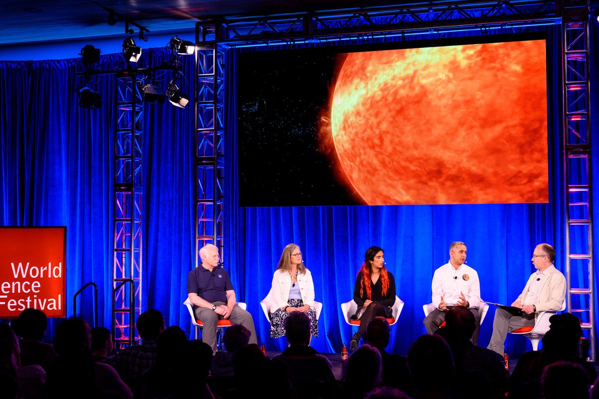 From left: Earth scientist James R. Irons, astrophysicist Padi Boyd, aerospace engineer Farah Alibay, astrophysicist Nour E. Raouafi, and host and astrophysicist Caleb Scharf.