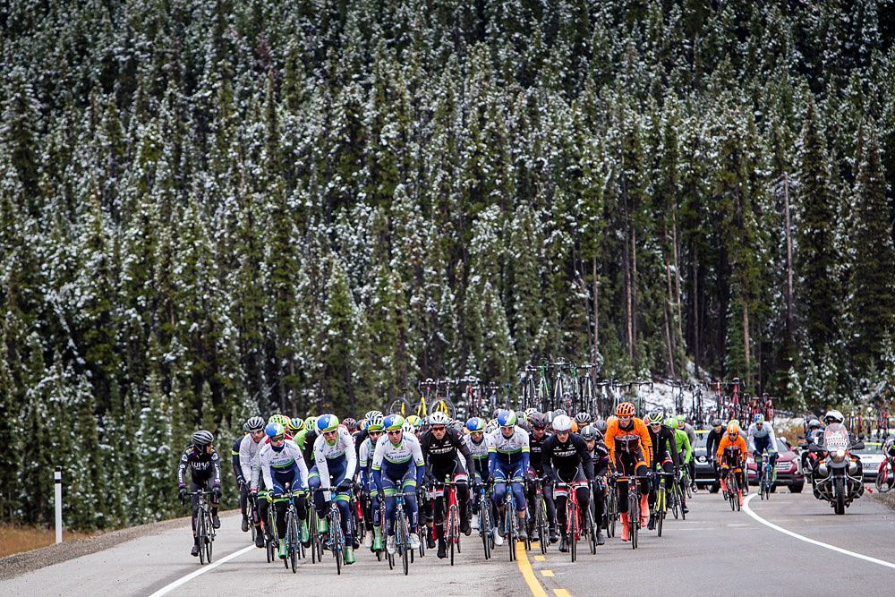 Snow dusted the treetops during stage 3 at the Tour of Alberta