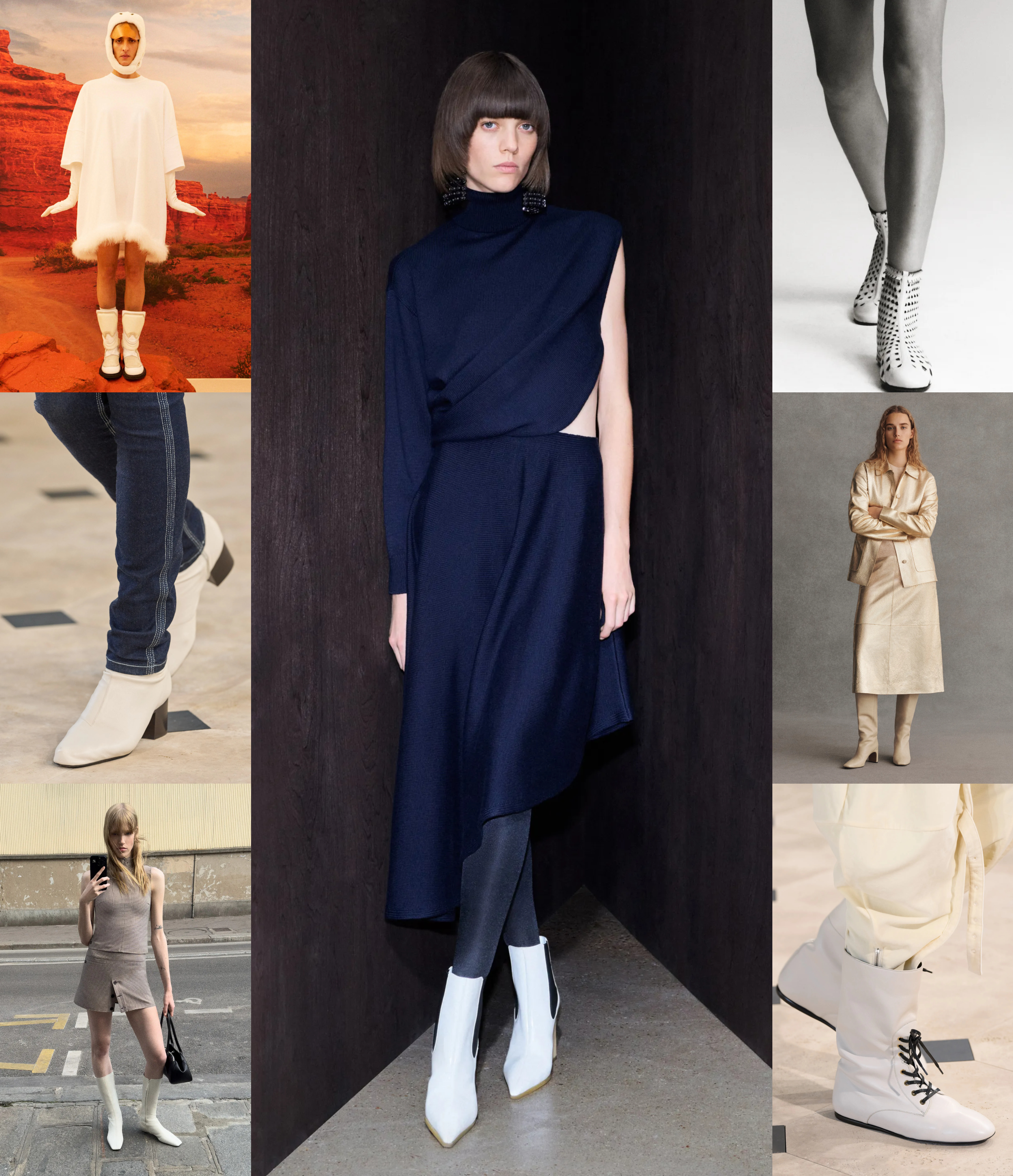 white boots at Moschino, Celine, Courr&amp;egrave;ges, Al&amp;auml;ia, Isabel Marant, and Lafayette 148 Resort 2026
