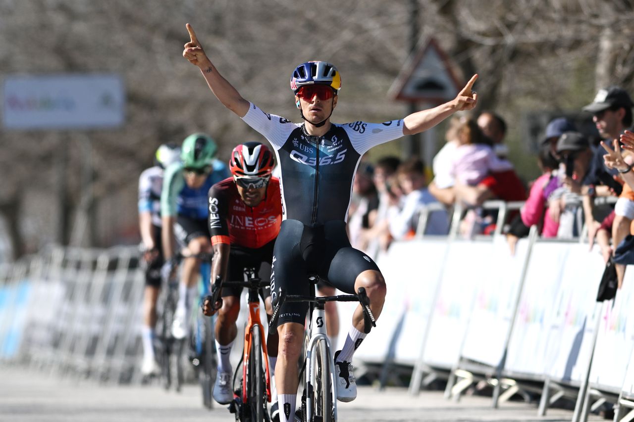 Tom Pidcock celebrates as he wins stage two of the Ruta del Sol