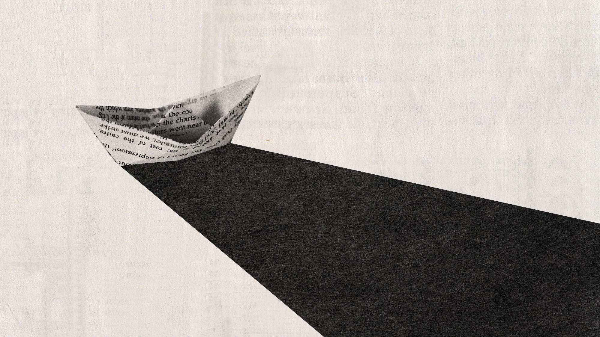 Photo collage of a book page folded into the shape of a boat, casting a long and dark shadow