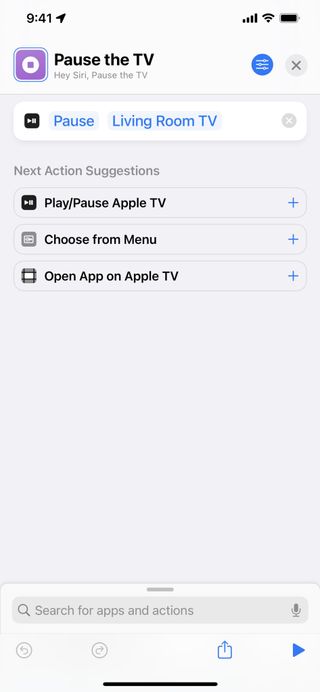 Screenshot showing a shortcut named "Pause the TV" with the Play/Pause action set to Pause.