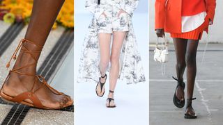 A composite of models on the runway showing shoe trends 2023 string sandals