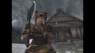 Wielding a big axe in the snow in The Elder Scrolls 3: Morrowind