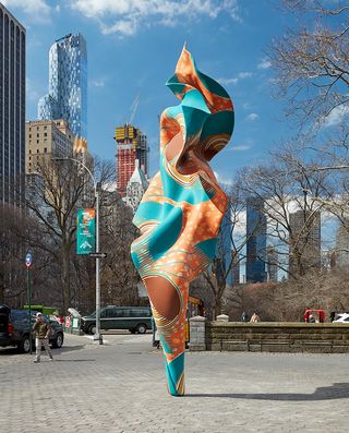 Wind Sculpture (SG) I, by Yinka Shonibare, at the southeast entrance of Central Park in New York