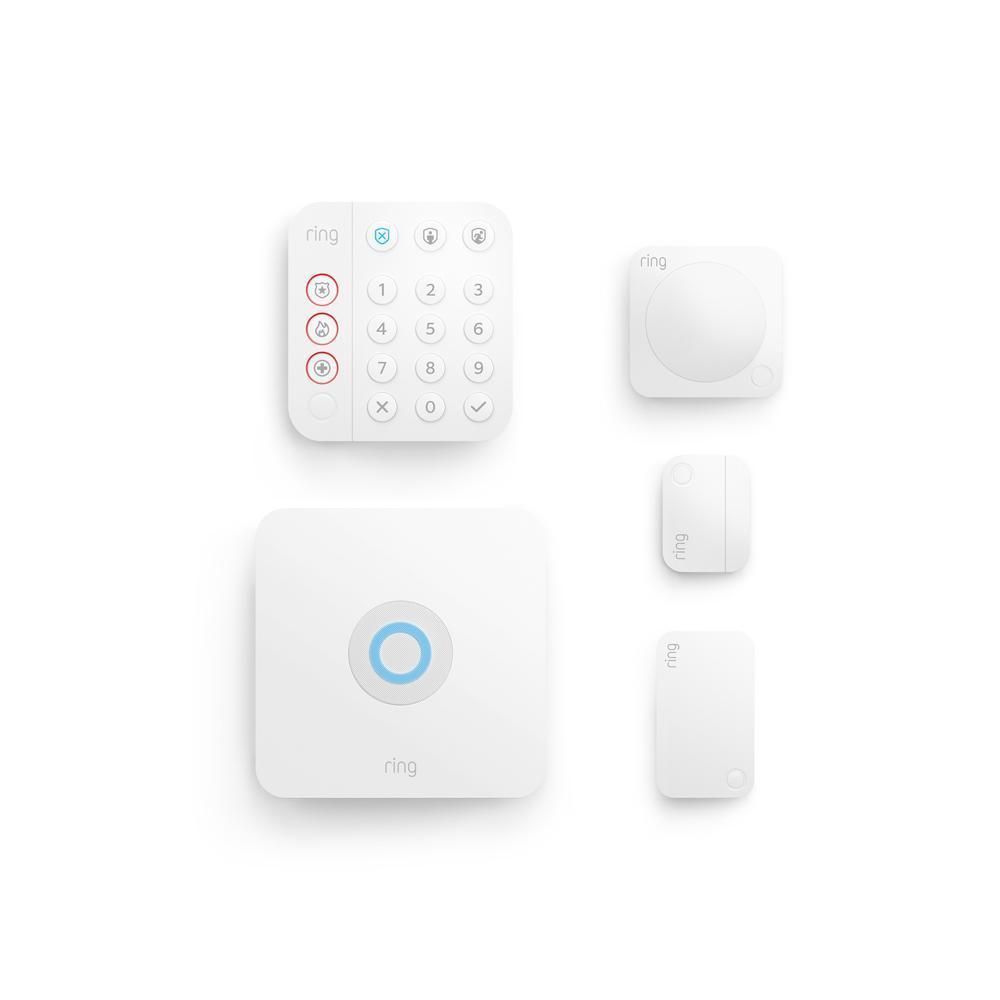 Ring Alarm Security Kit, comprised of five white security devices, against white background.