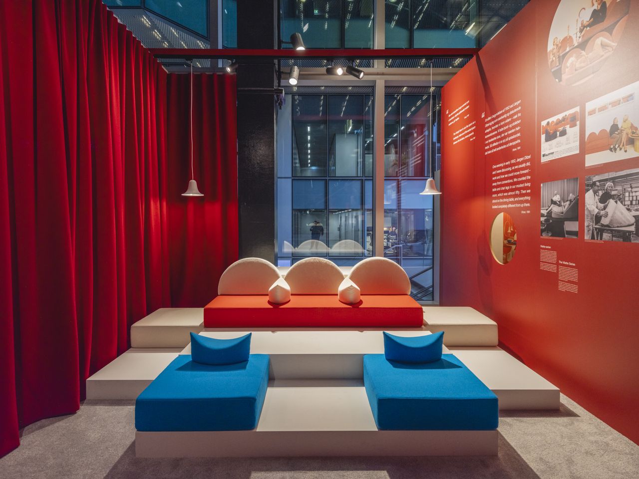 Red and blue exhibition spaces