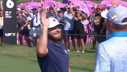 Tyrrell Hatton celebrates a hole-in-one at the LIV Golf Chicago tournament